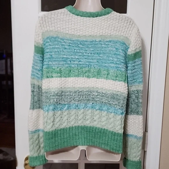 CAbi #6170 Mix Stitch V-Neck Sweater in Green and Blue - Picture 3 of 3